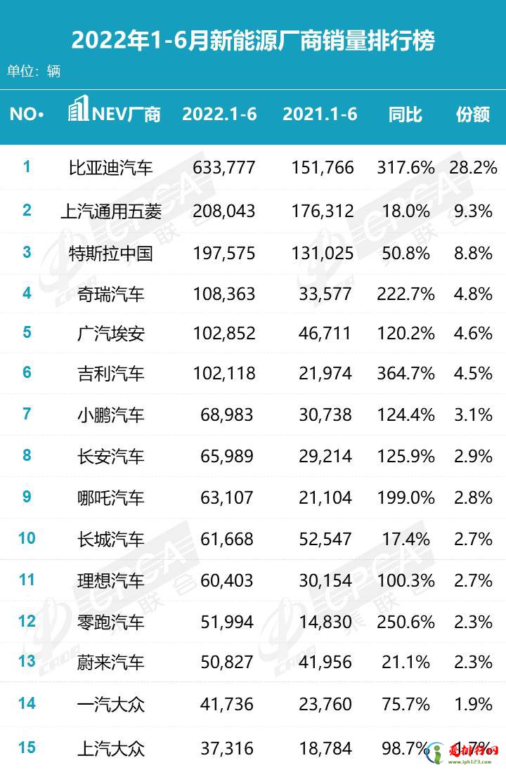 2022年1月-6月新能源汽车厂商销量排行榜 2022年上半年新能源厂商销量排名